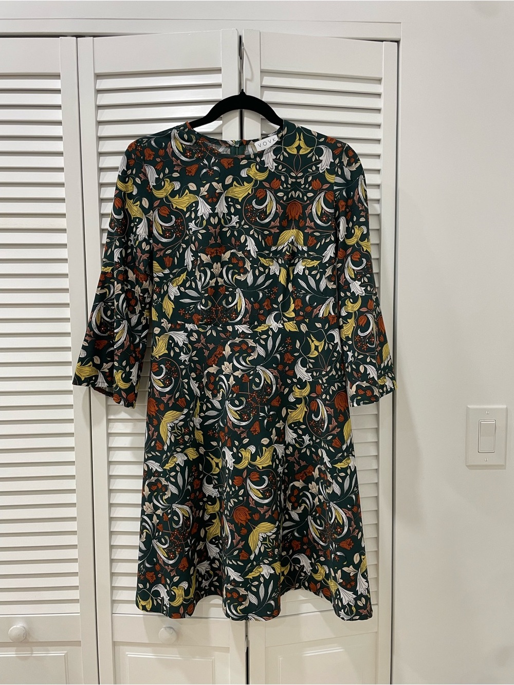 VOVK Floral A-Line Dress Green Botanical Print 3/4 Sleeve Size M
